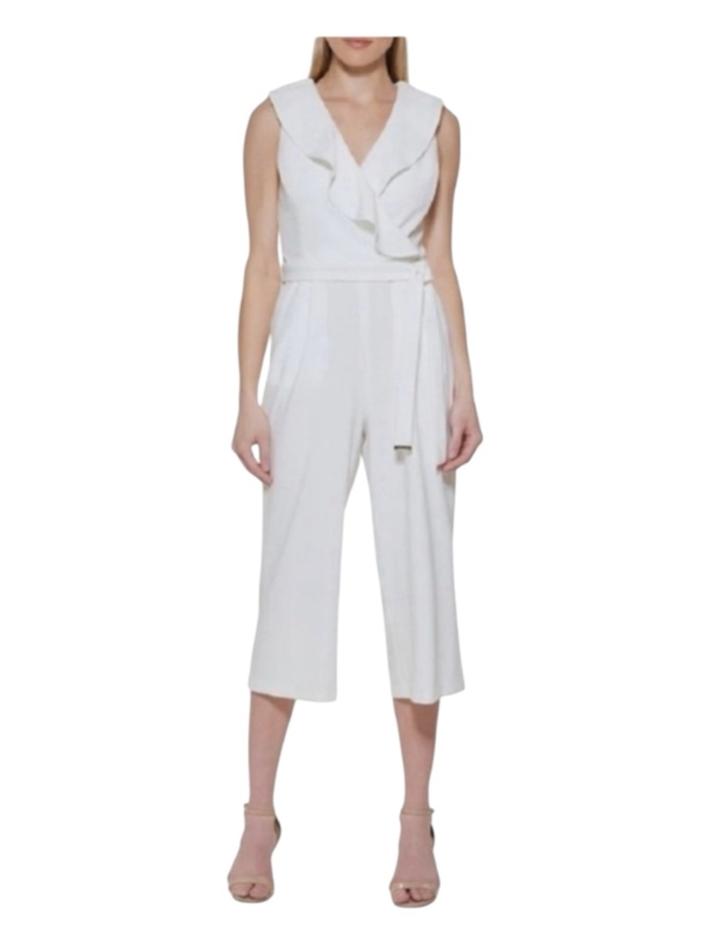 NWT Tommy Hilfiger Cream Ruffle Wrap Jumpsuit Cropped Wide Leg